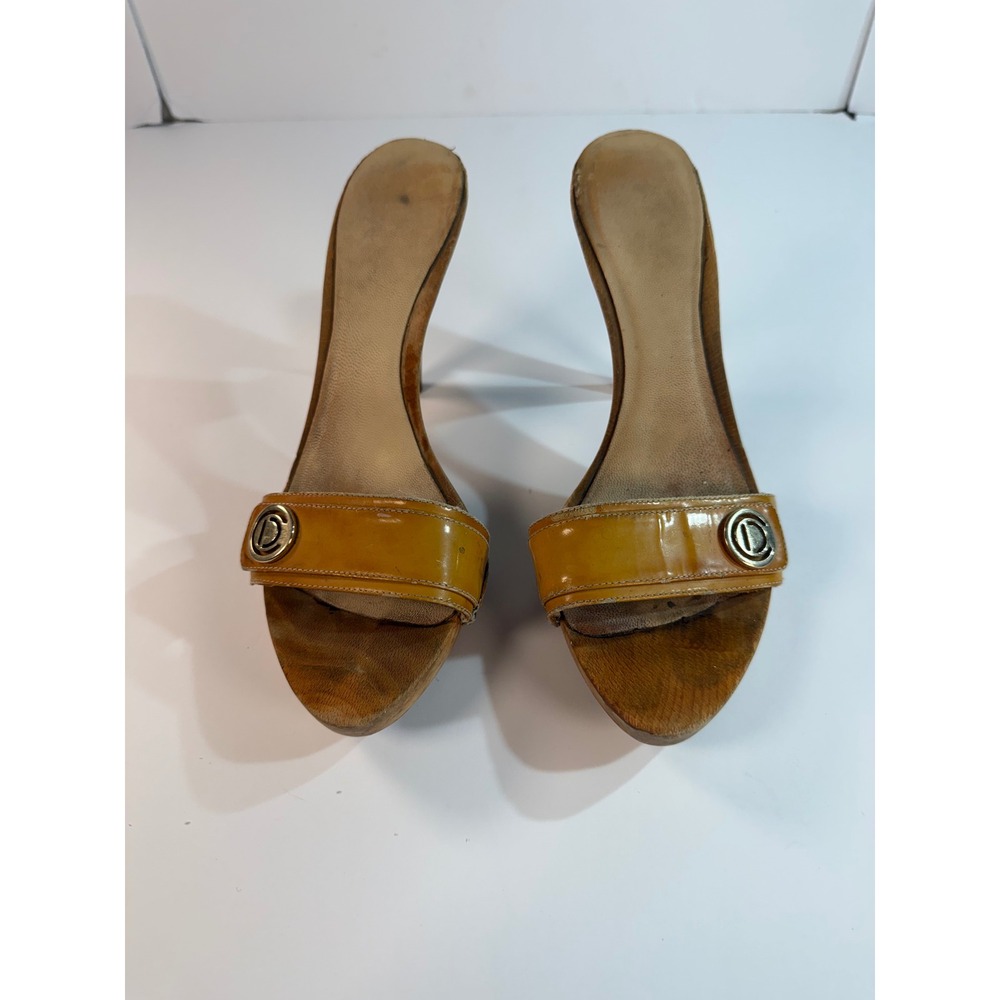 Christian Dior Vintage Wooden Clog Mules Yellow Patent Leather CD Logo Heel 40